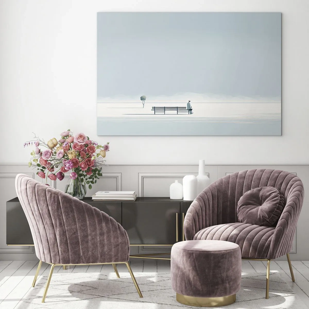 Obraz na szkle - Postać przy ławce w minimalistycznym krajobrazie - 70x50cm - Tak, czekam. - Nowoczesna dekoracja ścienna do salonu i sypialni ARTTOR