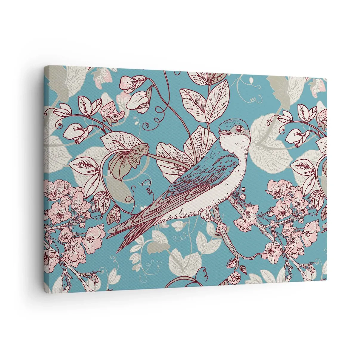 Obraz na płótnie - Ptak na gałęzi w delikatnym floralnym stylu - 70x50cm - W białodrzewiu ćwirnie i srebliście - Nowoczesna dekoracja ścienna do salonu i sypialni ARTTOR