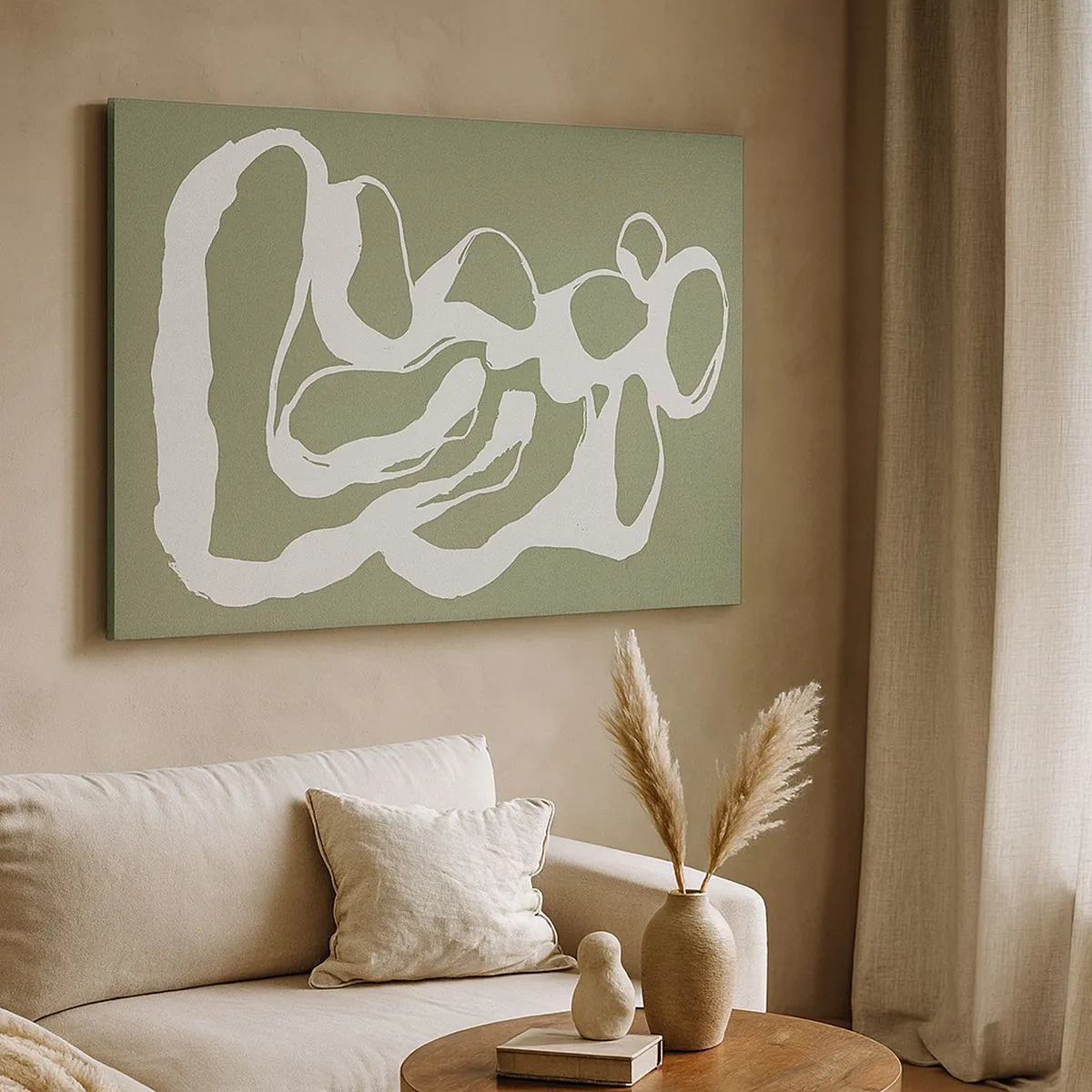 Obraz na płótnie - Organiczne kształty w bieli na zielonym tle - 70x50cm - Wołanie przestrzeni - Nowoczesna dekoracja ścienna do salonu i sypialni ARTTOR