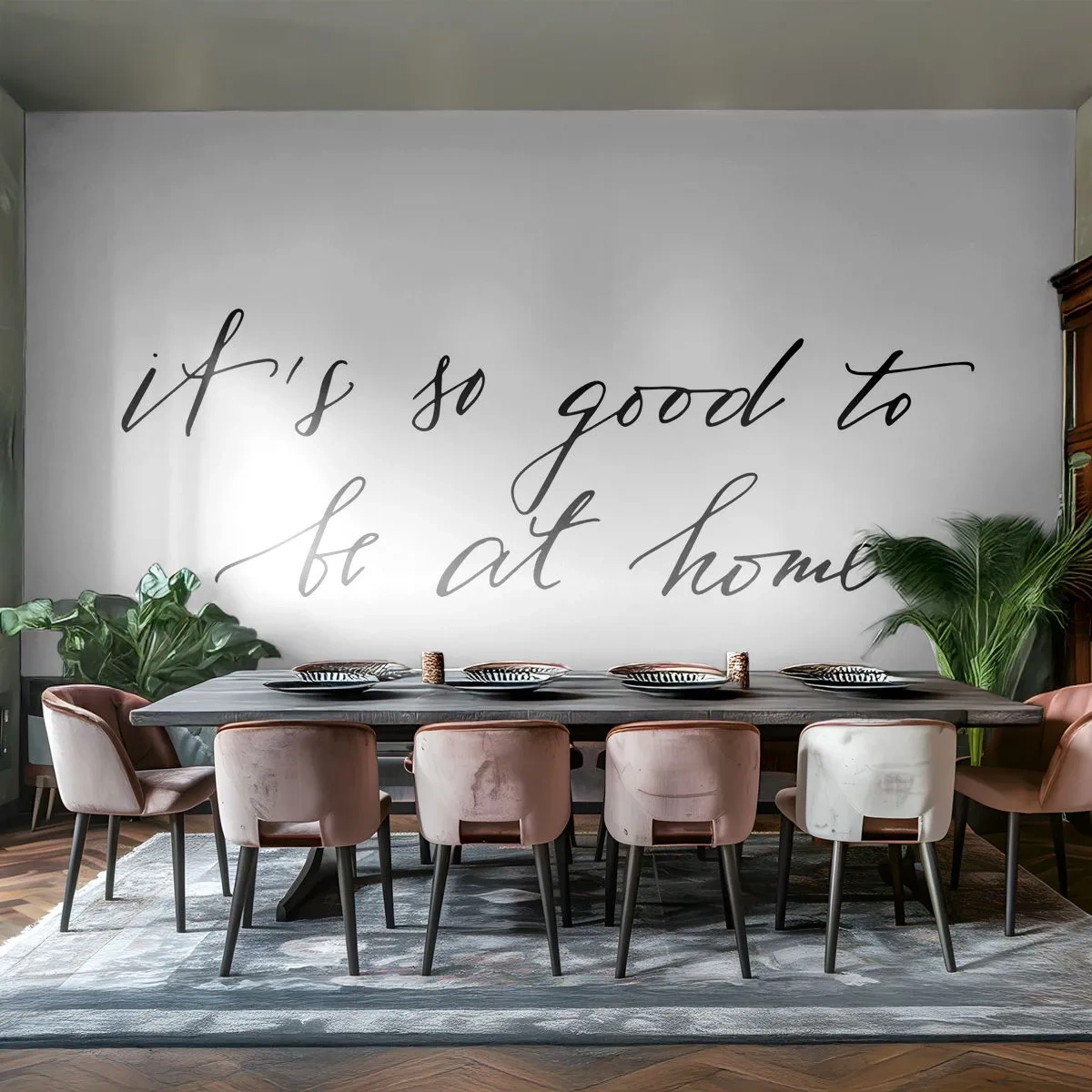 Fototapeta Premium Sand - Cytat 'It's so good to be at home' w kaligrafii - 100x70cm - Cała prawda - Nowoczesna dekoracja ścienna do salonu, kuchni i sypialni ARTTOR