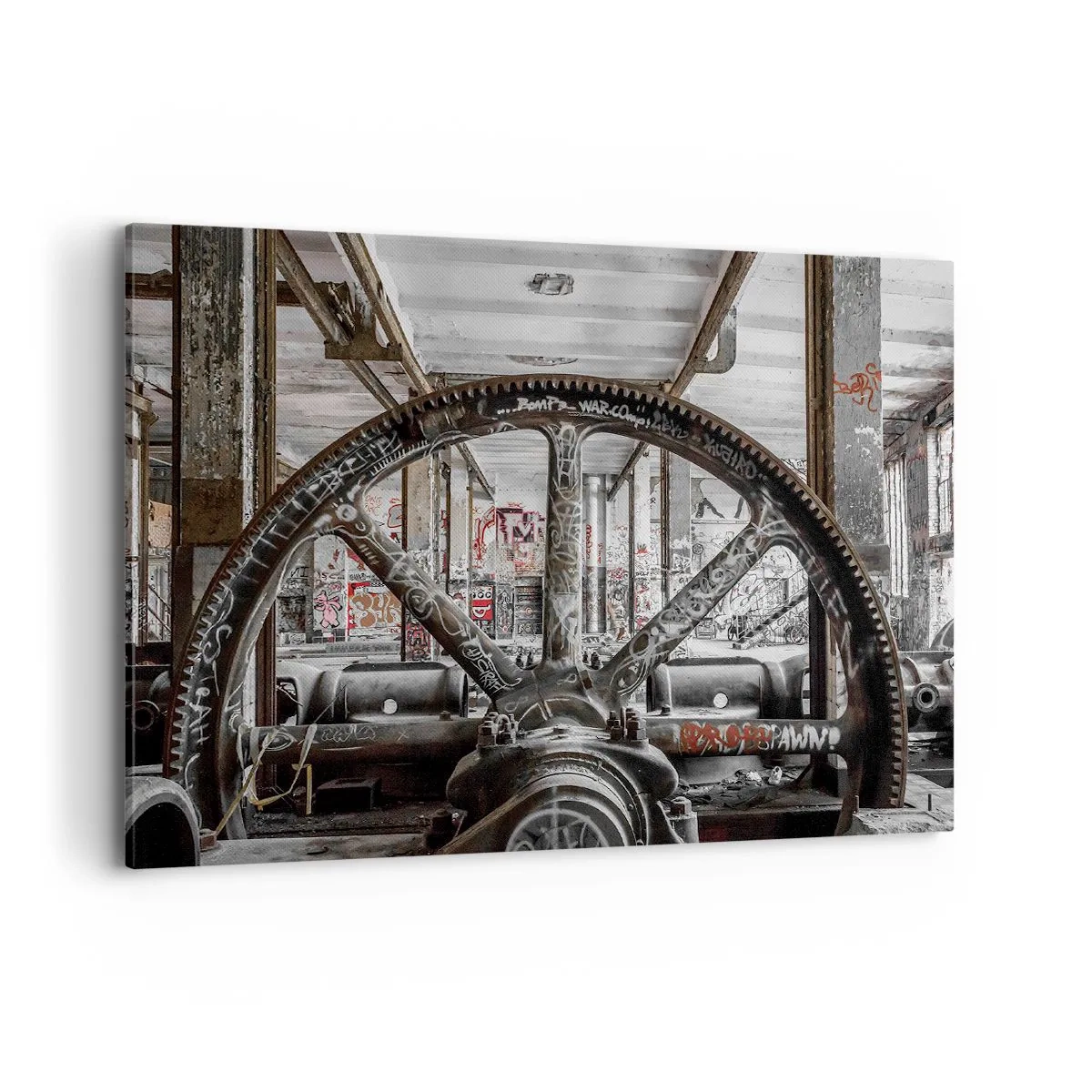 Obraz na płótnie - Stary mechanizm w opuszczonym industrialnym wnętrzu - 100x70cm - Sekretne życie fabryki - Nowoczesna dekoracja ścienna do salonu, kuchni i sypialni ARTTOR
