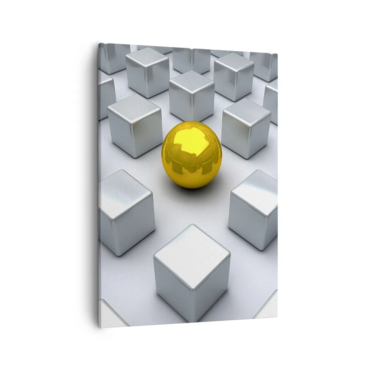 Obraz na płótnie - Złota kula wśród białych sześcianów - 50x70cm - Dlaczego ja? Kompozycja geometryczna - Nowoczesna dekoracja ścienna do salonu, kuchni i sypialni ARTTOR