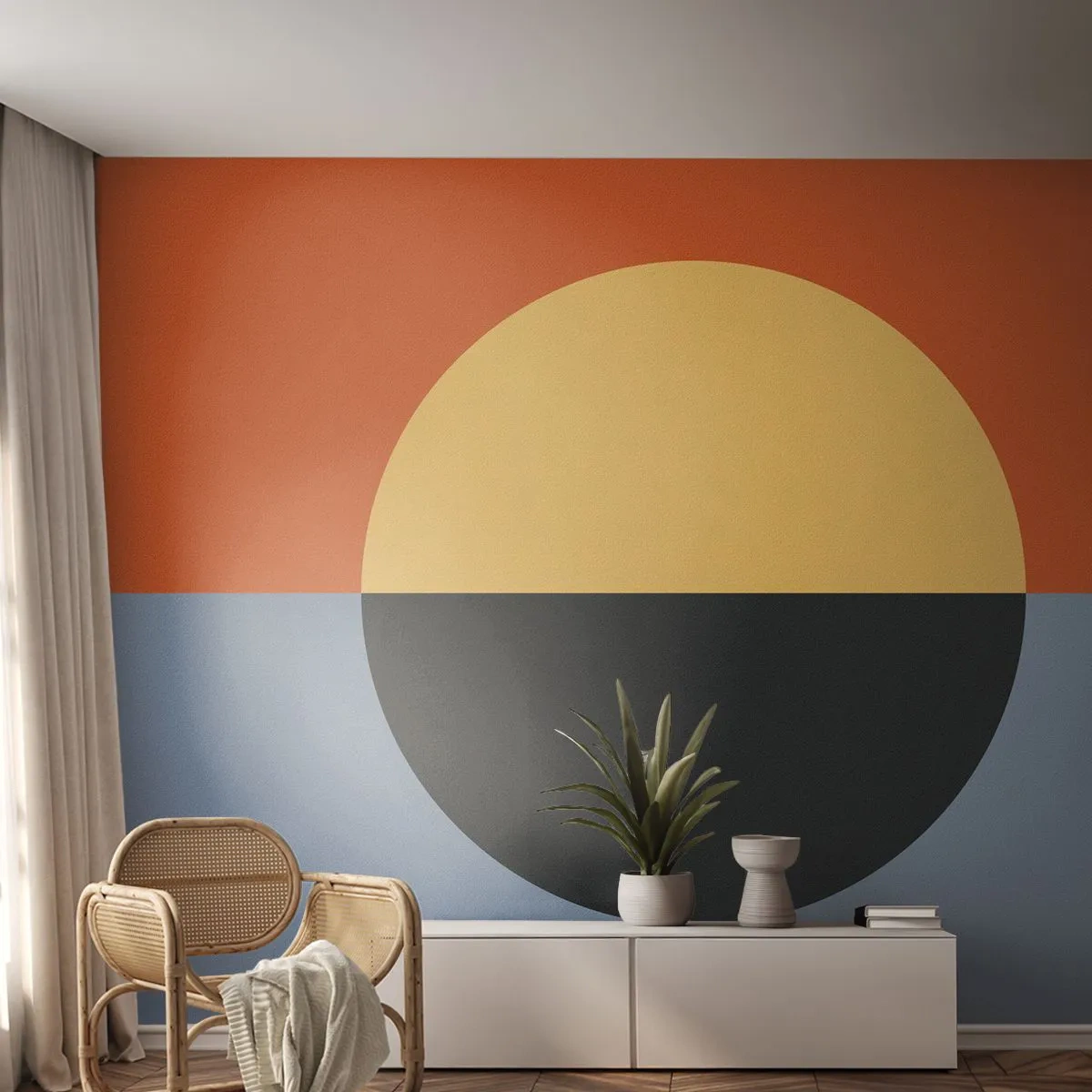 Fototapeta Premium Sand - Geometryczna abstrakcja z okręgiem i podziałem kolorystycznym - 100x70cm - Kompozycja ciepła i chłodu - Nowoczesna dekoracja ścienna do salonu, kuchni i sypialni ARTTOR