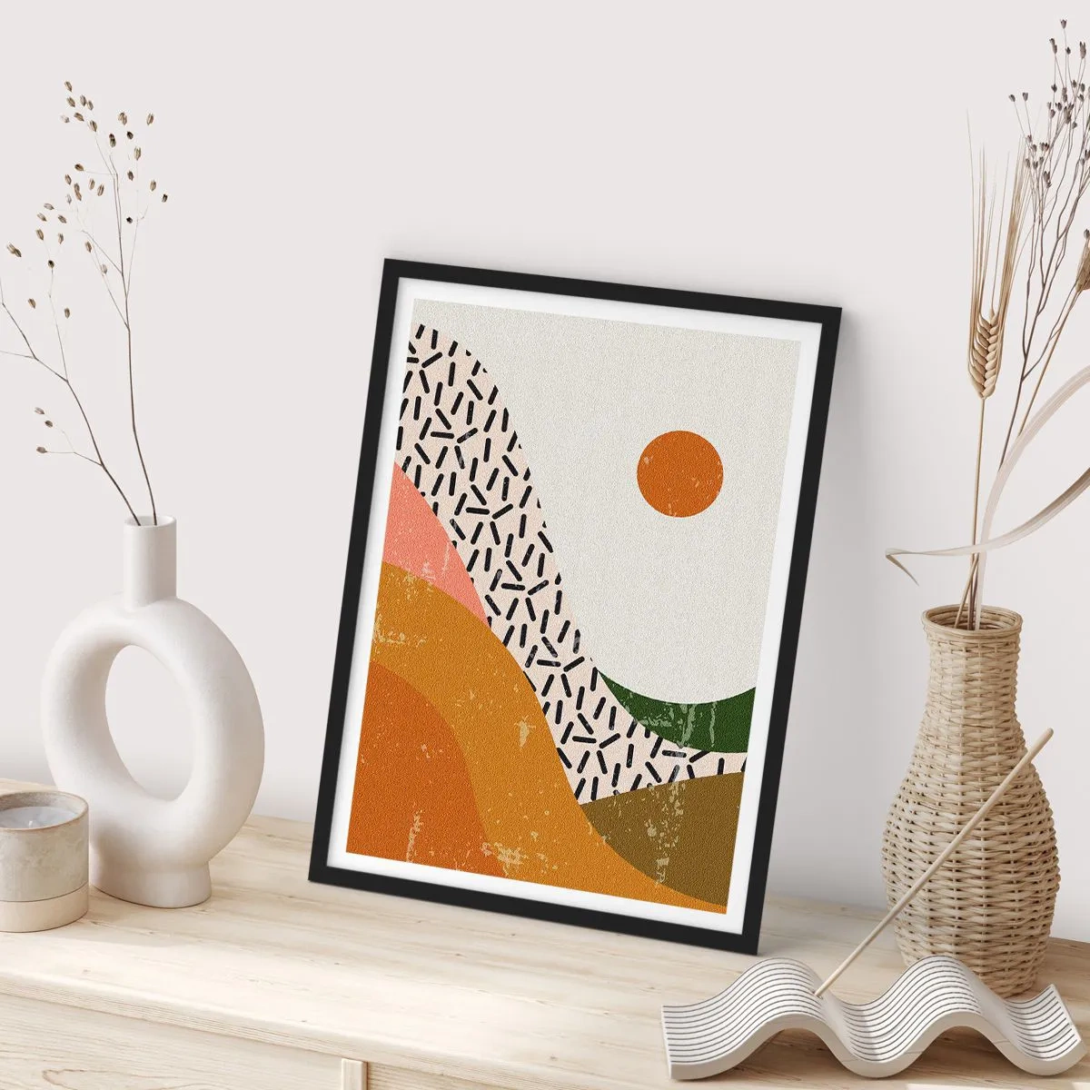 Plakat w czarnej ramie - Abstrakcyjny pejzaż w ciepłych barwach - 50x70cm - Abstrakcja słoneczna - Nowoczesna dekoracja ścienna do salonu i sypialni ARTTOR