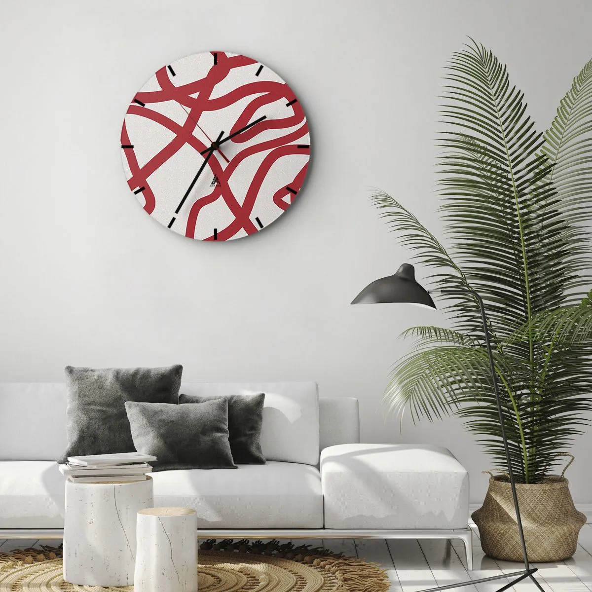 Zegar ścienny - Abstrakcyjne czerwone linie wijące się po białym tle w dynamicznym układzie - 30x30cm - Czerwono na białym - Nowoczesna dekoracja ścienna do salonu, kuchni i sypialni ARTTOR