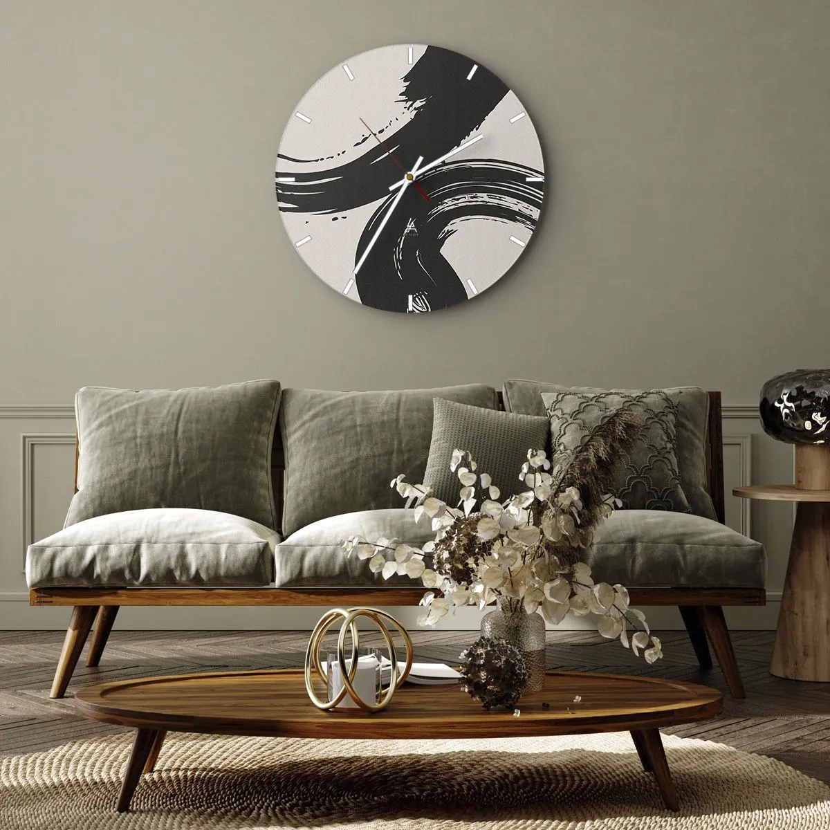 Zegar ścienny - Czarne zamaszyste pociągnięcia na jasnym tle - 30x30cm - Zamaszyście i koliście - Nowoczesna dekoracja ścienna do salonu, kuchni i sypialni ARTTOR