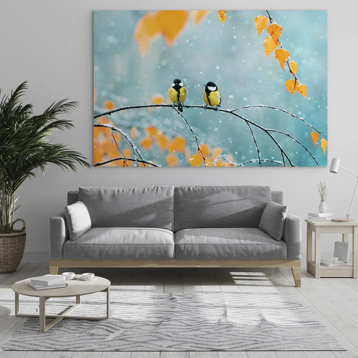 Obraz na szkle - Dwie sikorki siedzące na gałązce wśród opadających liści - 70x50cm - Ptasie plotki - Nowoczesna dekoracja ścienna do salonu i sypialni ARTTOR