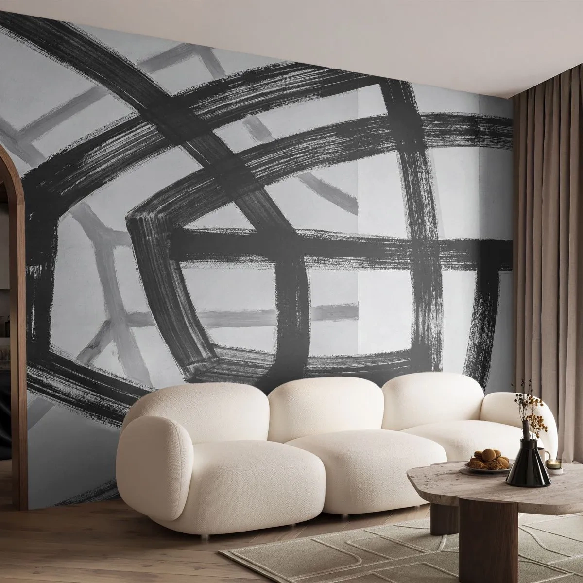 Fototapeta Premium Sand - Czarne linie pędzla tworzące geometryczną kompozycję - 100x70cm - Budowanie głębi - Nowoczesna dekoracja ścienna do salonu, kuchni i sypialni ARTTOR