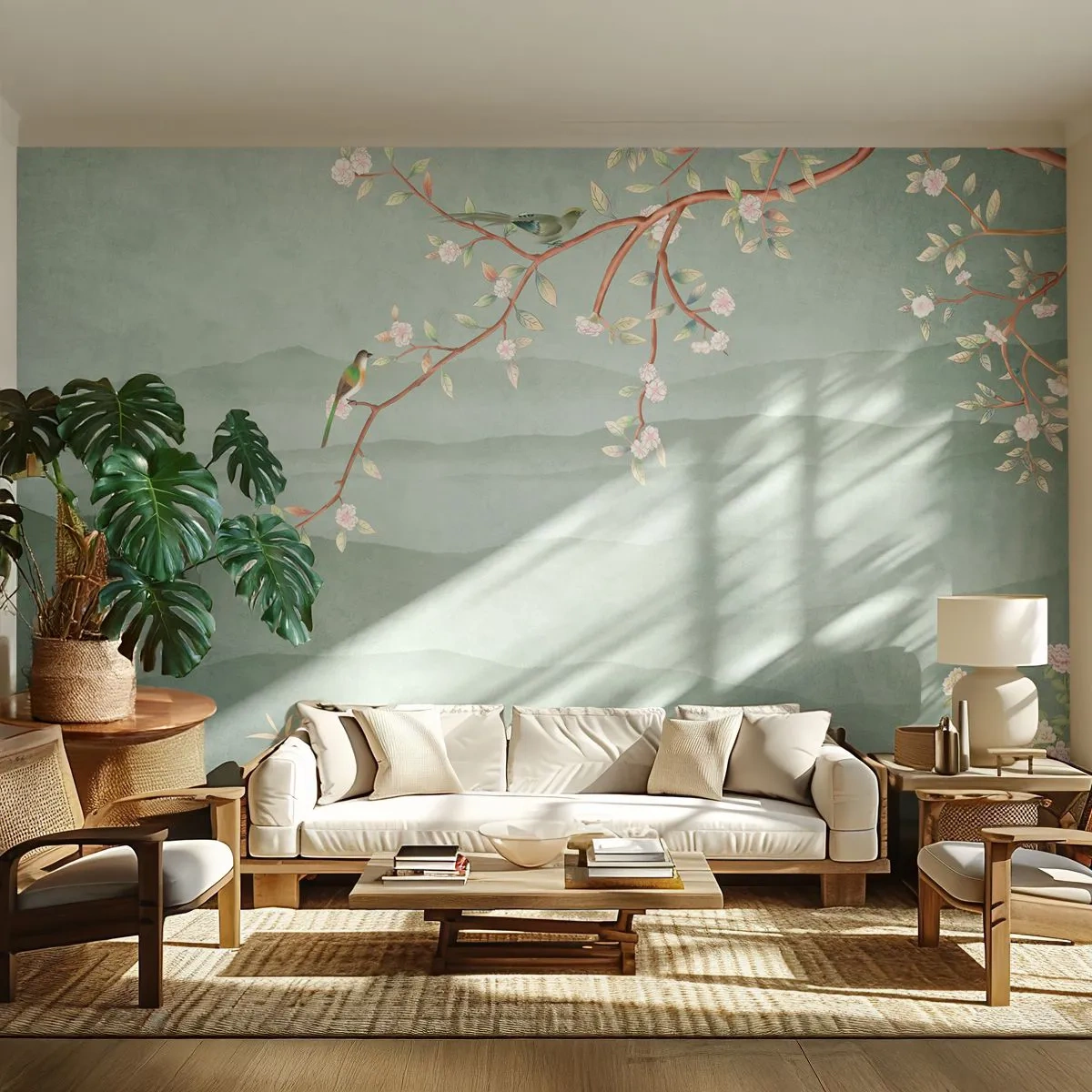 Fototapeta Premium Sand - Kwitnąca gałąź z ptakami na tle zielonych wzgórz - 100x70cm - Wiosna, ach, to ty - Nowoczesna dekoracja ścienna do salonu, kuchni i sypialni ARTTOR