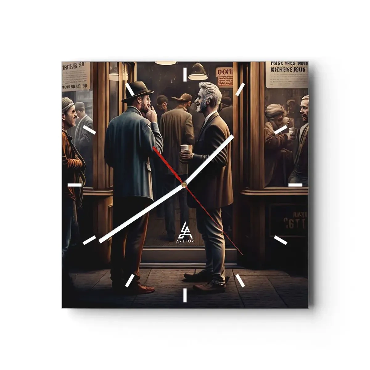 Zegar ścienny - Scena uliczna z ludźmi przed kawiarnią w stylu retro - 30x30cm - Dobra chwila dnia - Nowoczesna dekoracja ścienna do salonu i sypialni ARTTOR