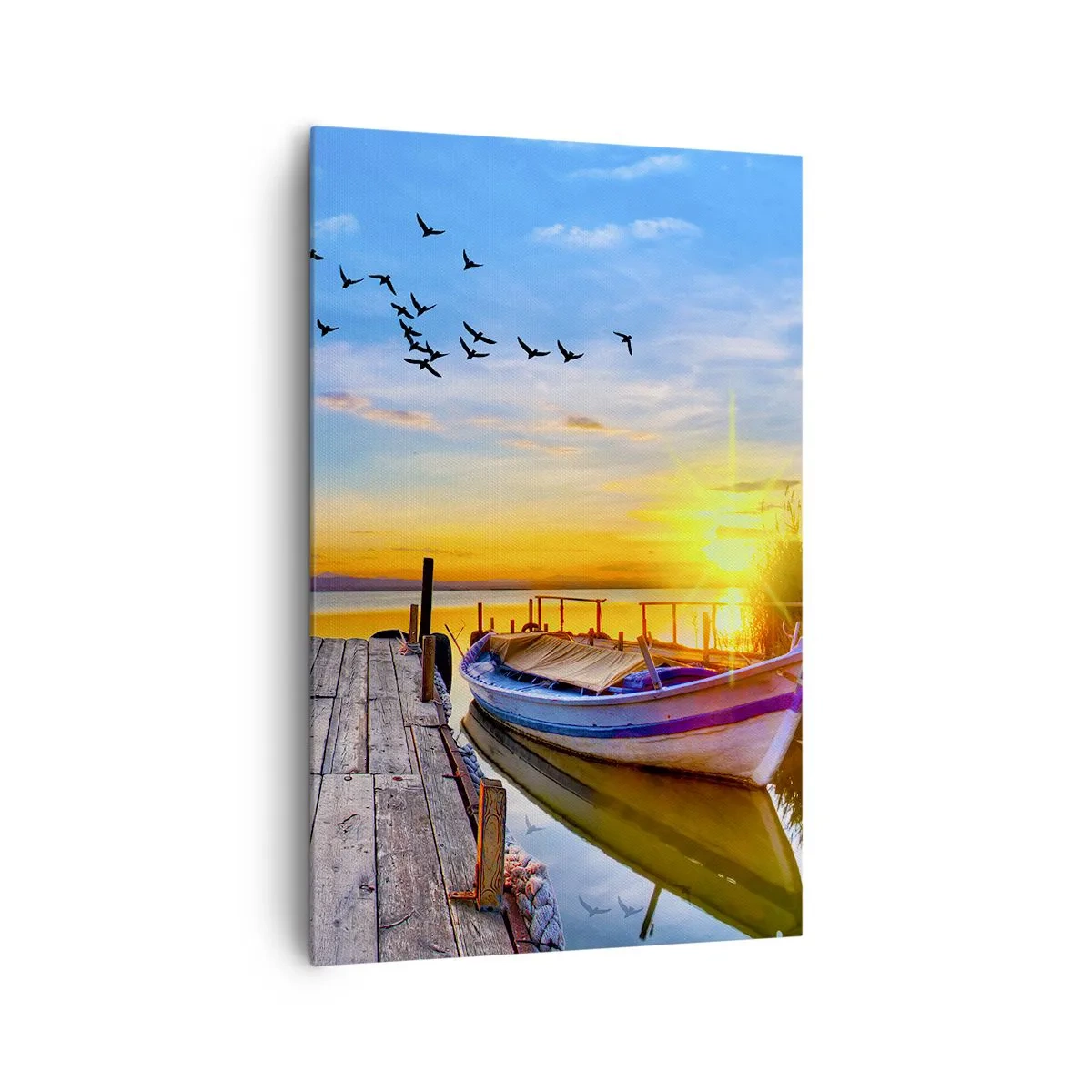 Obraz na płótnie - Łódka przy drewnianym pomoście o zachodzie słońca - 80x120cm - Do widzenia, do jutra - Nowoczesna dekoracja ścienna do salonu i sypialni ARTTOR