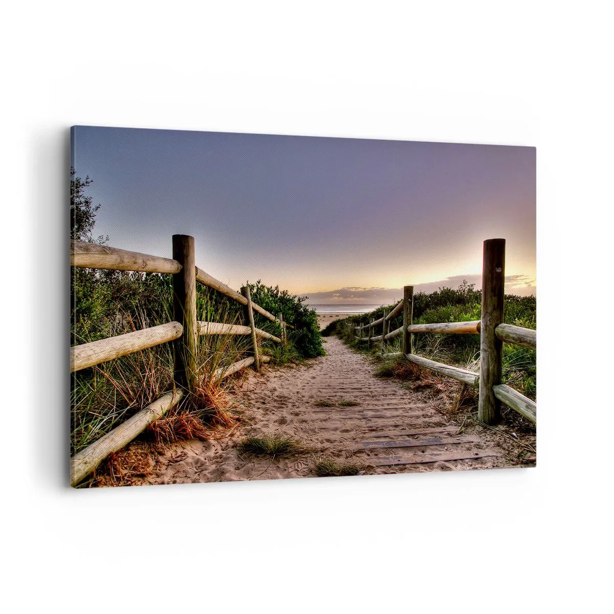 Obraz na płótnie - Drewniana ścieżka na wydmach prowadząca na plażę o zachodzie słońca - 120x80cm - Już widać cel - Nowoczesna dekoracja ścienna do salonu, kuchni i sypialni ARTTOR