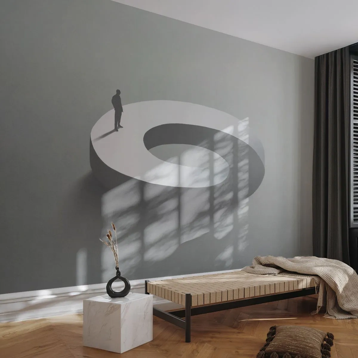 Fototapeta Premium Sand - Minimalistyczna sylwetka na białym pierścieniu - 100x70cm - I bądź tu mądry - Nowoczesna dekoracja ścienna do salonu, kuchni i sypialni ARTTOR