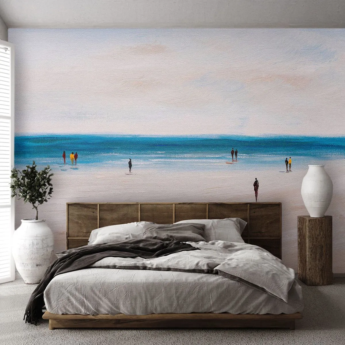 Fototapeta Premium Sand - Minimalistyczna plaża z postaciami spacerującymi przy brzegu - 100x70cm - Naturalna potrzeba - Nowoczesna dekoracja ścienna do salonu, kuchni i sypialni ARTTOR