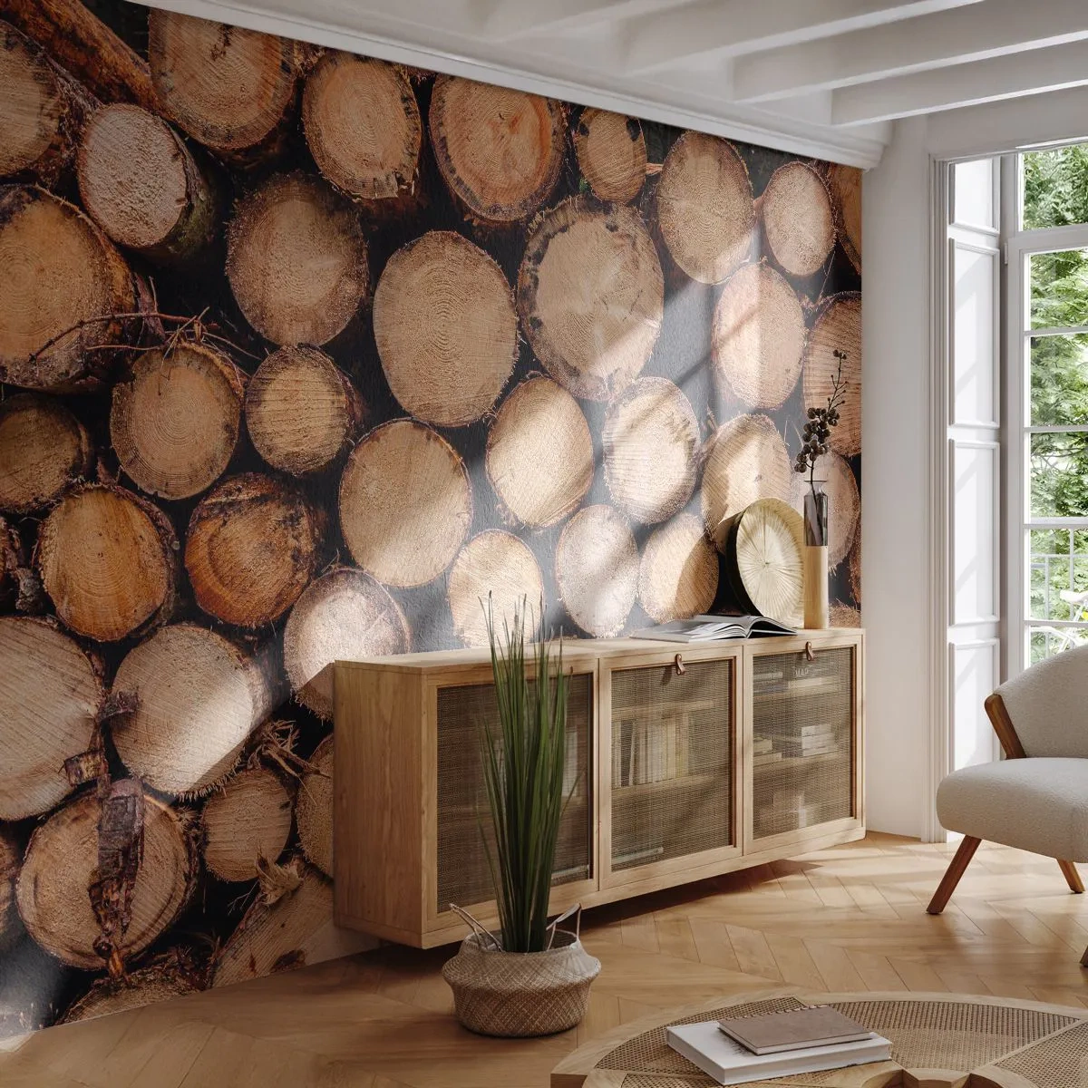 Fototapeta Premium Sand - Ułożone pnie drzew w przekroju poprzecznym - 100x70cm - Nowy początek - Nowoczesna dekoracja ścienna do salonu, kuchni i sypialni ARTTOR