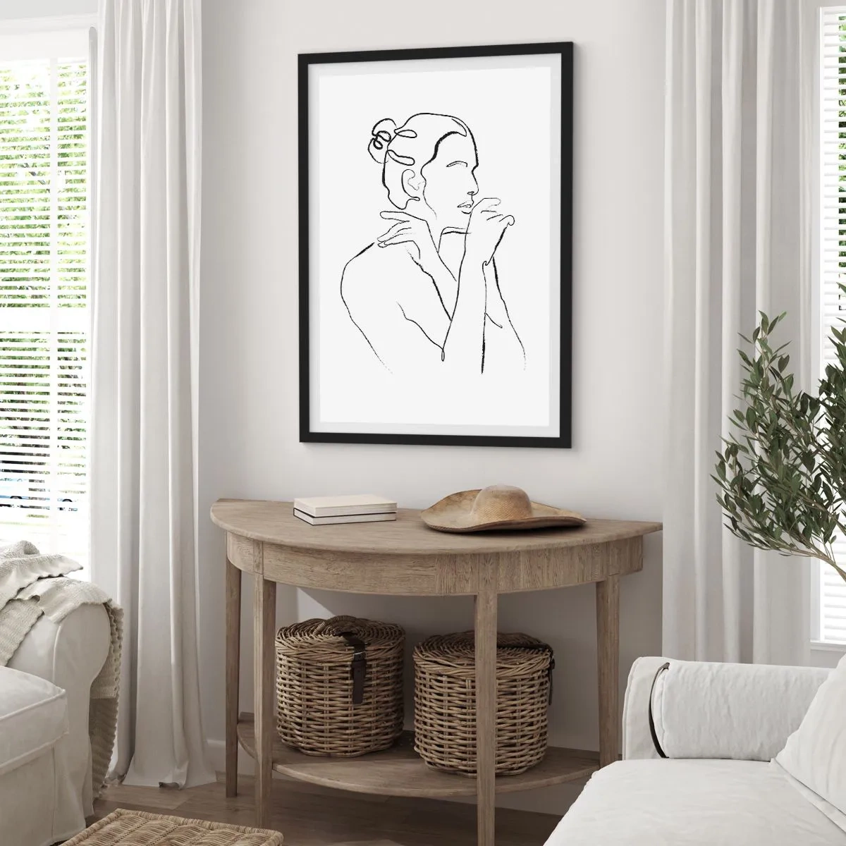 Plakat w czarnej ramie - Minimalistyczna linia kobiecej sylwetki na białym tle - 50x70cm - Akt: zmysłowe misterium - Nowoczesna dekoracja ścienna do salonu i sypialni ARTTOR