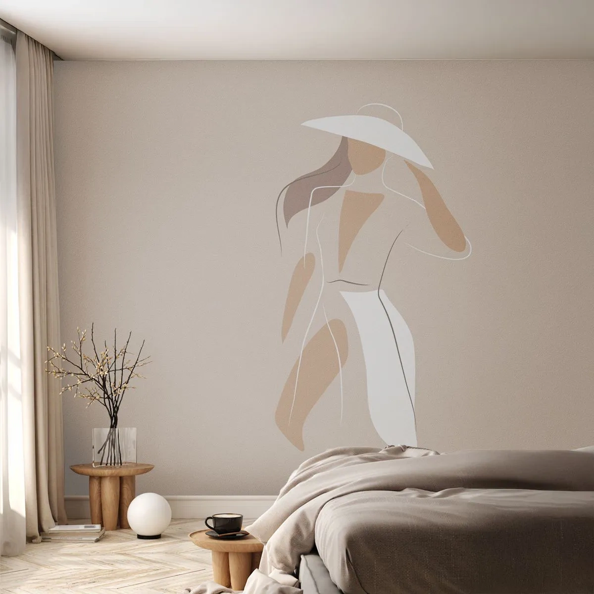 Fototapeta Premium Sand - Minimalistyczna ilustracja kobiety w kapeluszu na beżowym tle - 100x70cm - Moda to zabawa - Nowoczesna dekoracja ścienna do salonu, kuchni i sypialni ARTTOR