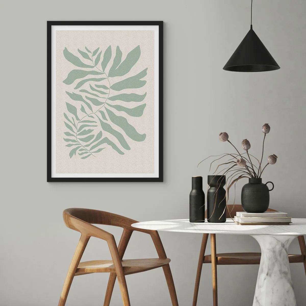 Plakat w czarnej ramie - Minimalistyczna ilustracja roślinna w odcieniach zieleni - 50x70cm - Szmaragdowa gałązka - Nowoczesna dekoracja ścienna do salonu i sypialni ARTTOR