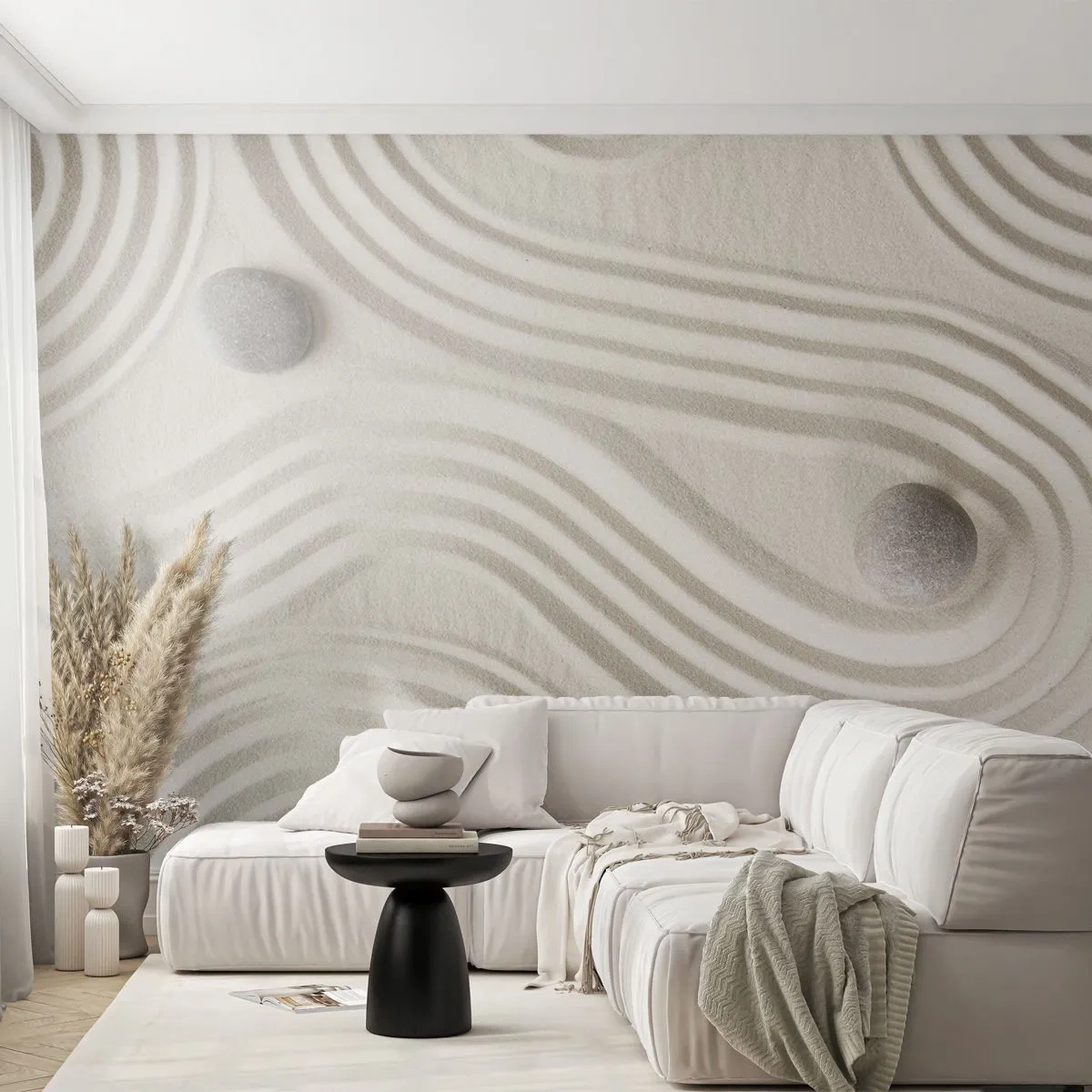 Fototapeta Premium Sand - Minimalistyczny wzór z kamieniami na piasku w stylu zen - 100x70cm - Dotyk ciepła - Nowoczesna dekoracja ścienna do salonu, kuchni i sypialni ARTTOR