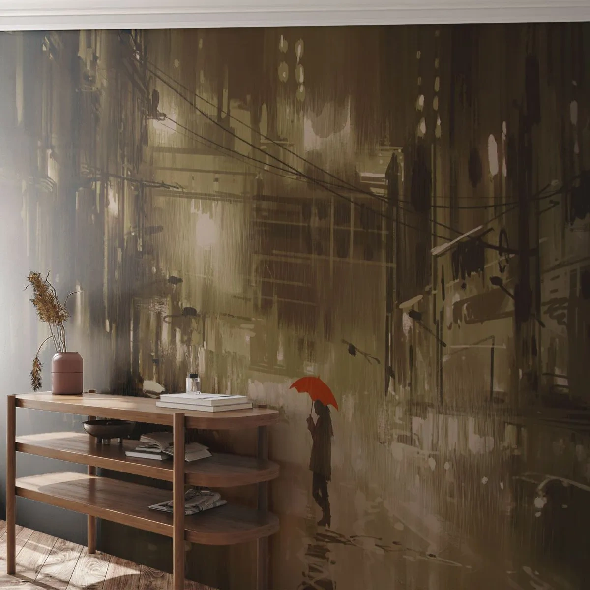 Fototapeta Premium Sand - Postać z czerwonym parasolem w deszczowym mieście nocą - 100x70cm - Sama, ale nie samotna - Nowoczesna dekoracja ścienna do salonu, kuchni i sypialni ARTTOR