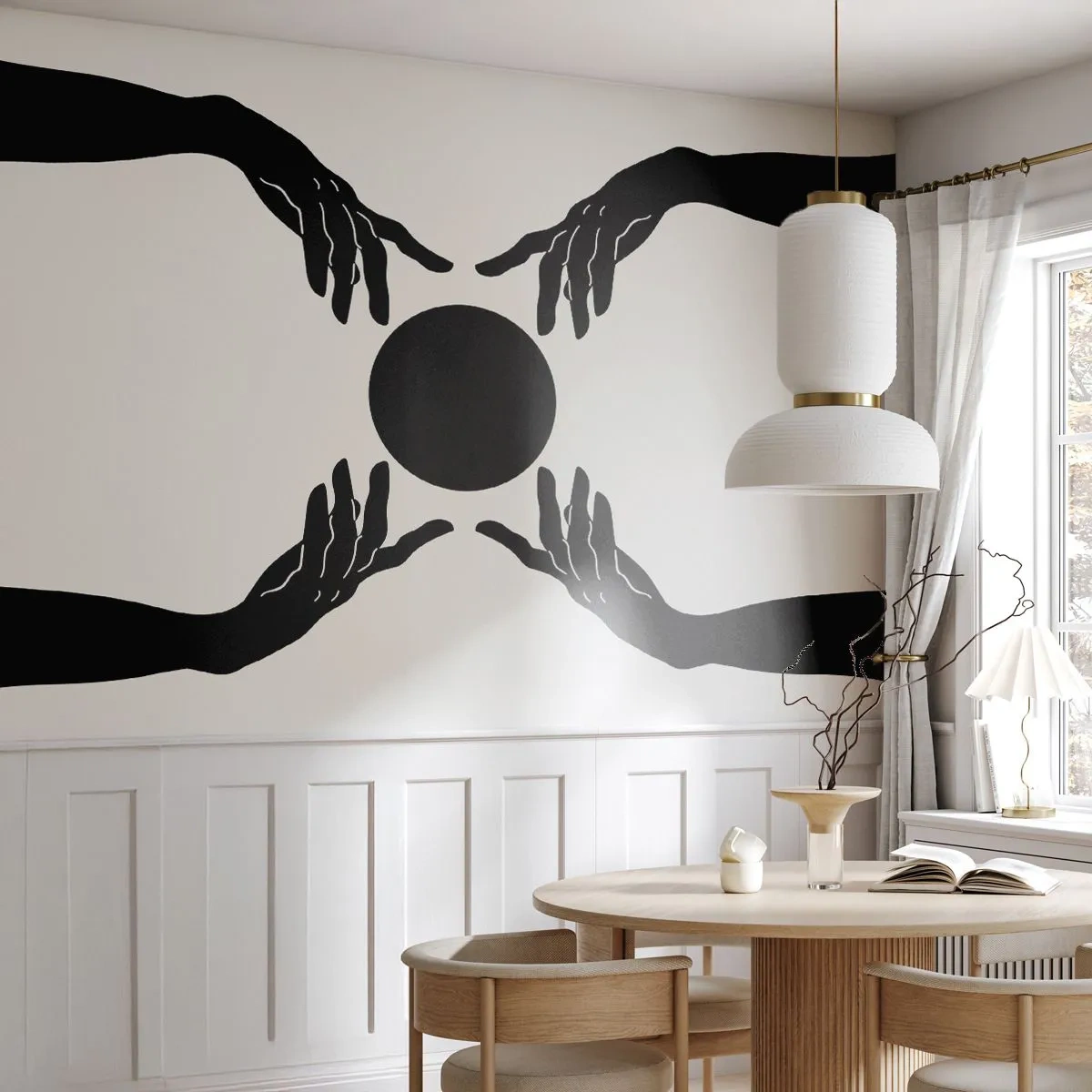 Fototapeta Premium Sand - Czarne dłonie i kula w geometrycznej symetrii na jasnym tle - 100x70cm - Tajemny znak - Nowoczesna dekoracja ścienna do salonu, kuchni i sypialni ARTTOR