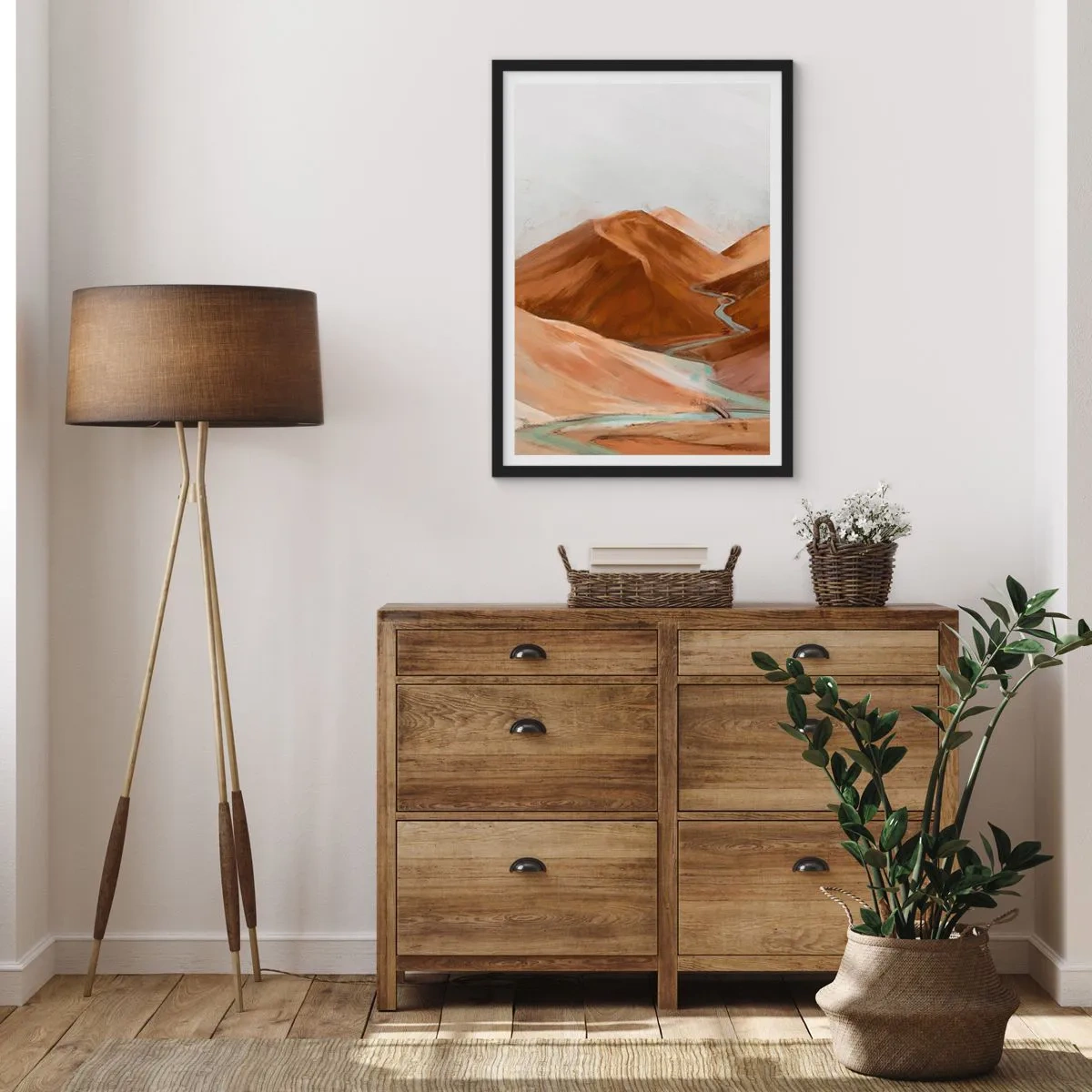 Plakat w czarnej ramie - Rzeka przepływająca przez brązowe góry, stylizowany krajobraz - 50x70cm - Do źródła - Nowoczesna dekoracja ścienna do salonu i sypialni ARTTOR