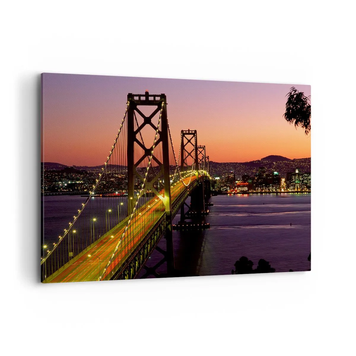Obraz na płótnie - Most podświetlony nocą nad wodą z panoramą miasta - 100x70cm - Wieczór we fiolecie - Nowoczesna dekoracja ścienna do salonu, kuchni i sypialni ARTTOR