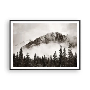 Plakat w czarnej ramie - Malowniczy szczyt górski otoczony mgłą i lasem w odcieniach sepia - 100x70cm - Granitowy władca - Nowoczesna dekoracja ścienna do salonu i sypialni ARTTOR