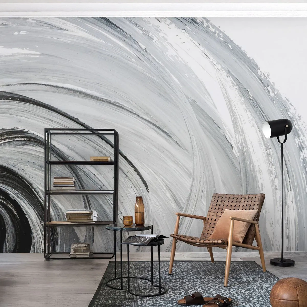 Fototapeta Premium Sand - Abstrakcyjne wirujące pociągnięcia pędzla w szarościach - 100x70cm - Kompozycja orbitalna - Nowoczesna dekoracja ścienna do salonu, kuchni i sypialni ARTTOR