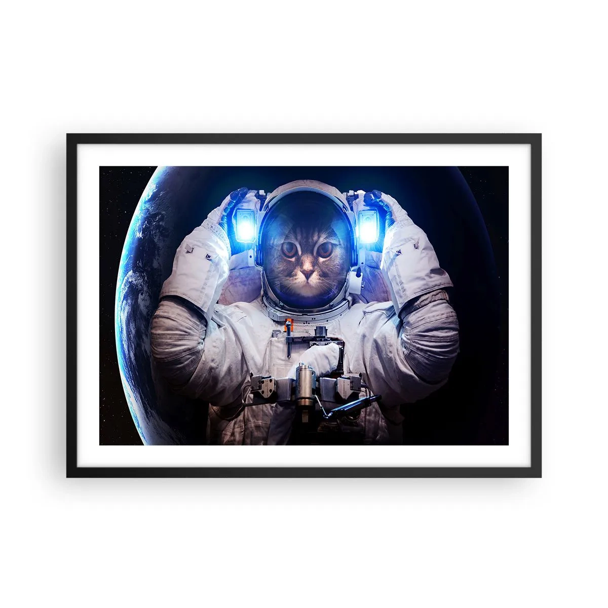 Plakat w czarnej ramie - Kot w stroju astronauty z Ziemią w tle i jasnym światłem - 70x50cm - Houston, macie problem - Nowoczesna dekoracja ścienna do salonu i sypialni ARTTOR