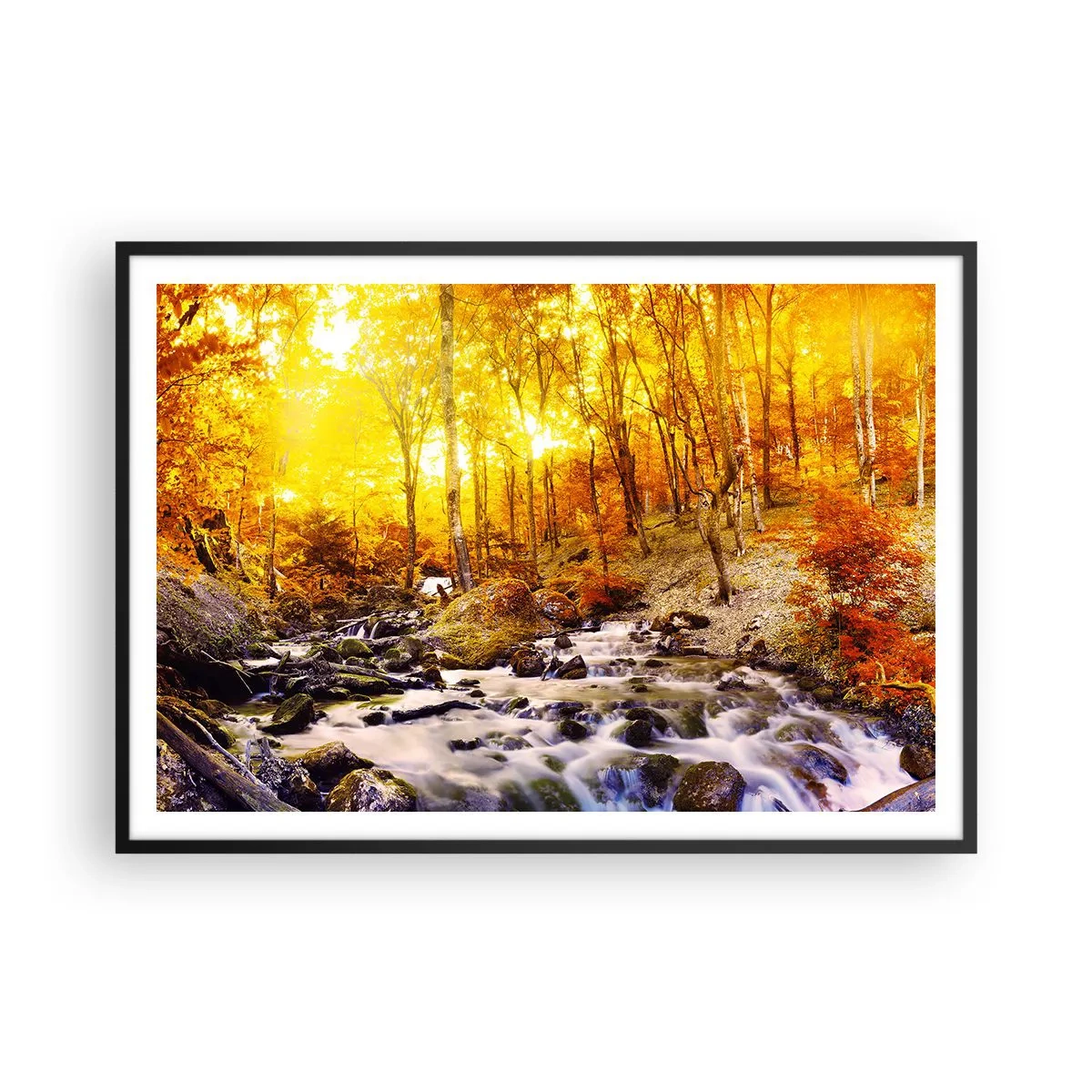 Plakat w czarnej ramie - Jesienny las z potokiem wśród złotych liści - 100x70cm - Kamienie oprawne w złoto i platynę - Nowoczesna dekoracja ścienna do salonu i sypialni ARTTOR