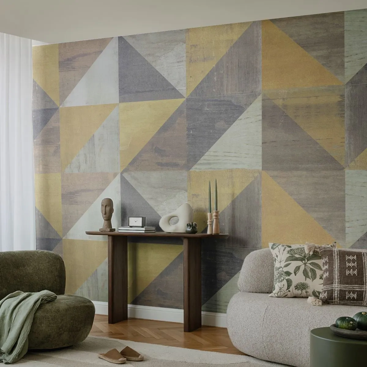 Fototapeta Premium Sand - Geometryczne trójkąty w odcieniach złota i szarości - 100x70cm - Pod kątem trójkąta - Nowoczesna dekoracja ścienna do salonu, kuchni i sypialni ARTTOR