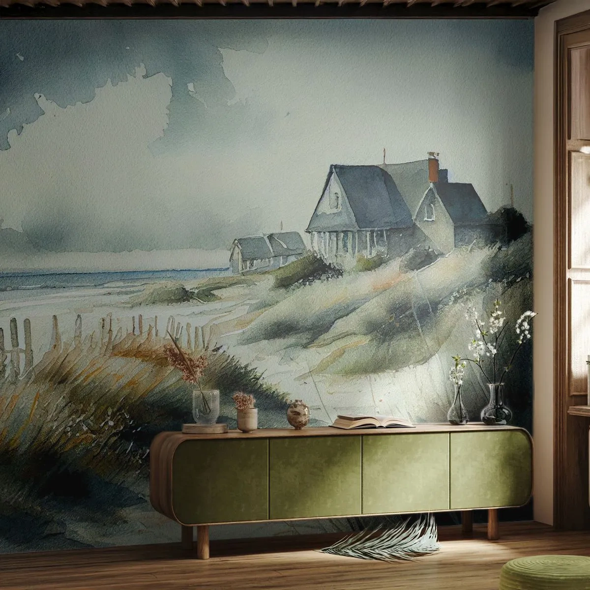 Fototapeta Premium Sand - Domy przy nadmorskiej wydmie w malarskim stylu akwarelowym - 100x70cm - Z dala od zgiełku - Nowoczesna dekoracja ścienna do salonu, kuchni i sypialni ARTTOR