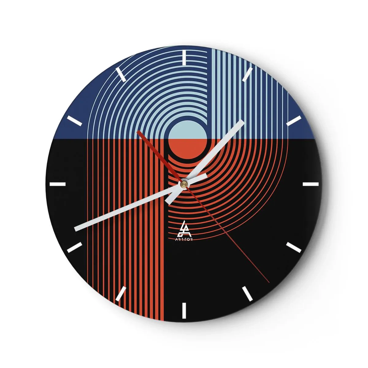 Zegar ścienny - Geometryczna kompozycja z okręgami i liniami w kontrastowych kolorach - 30x30cm - W geometrycznym uścisku - Nowoczesna dekoracja ścienna do salonu, kuchni i sypialni ARTTOR