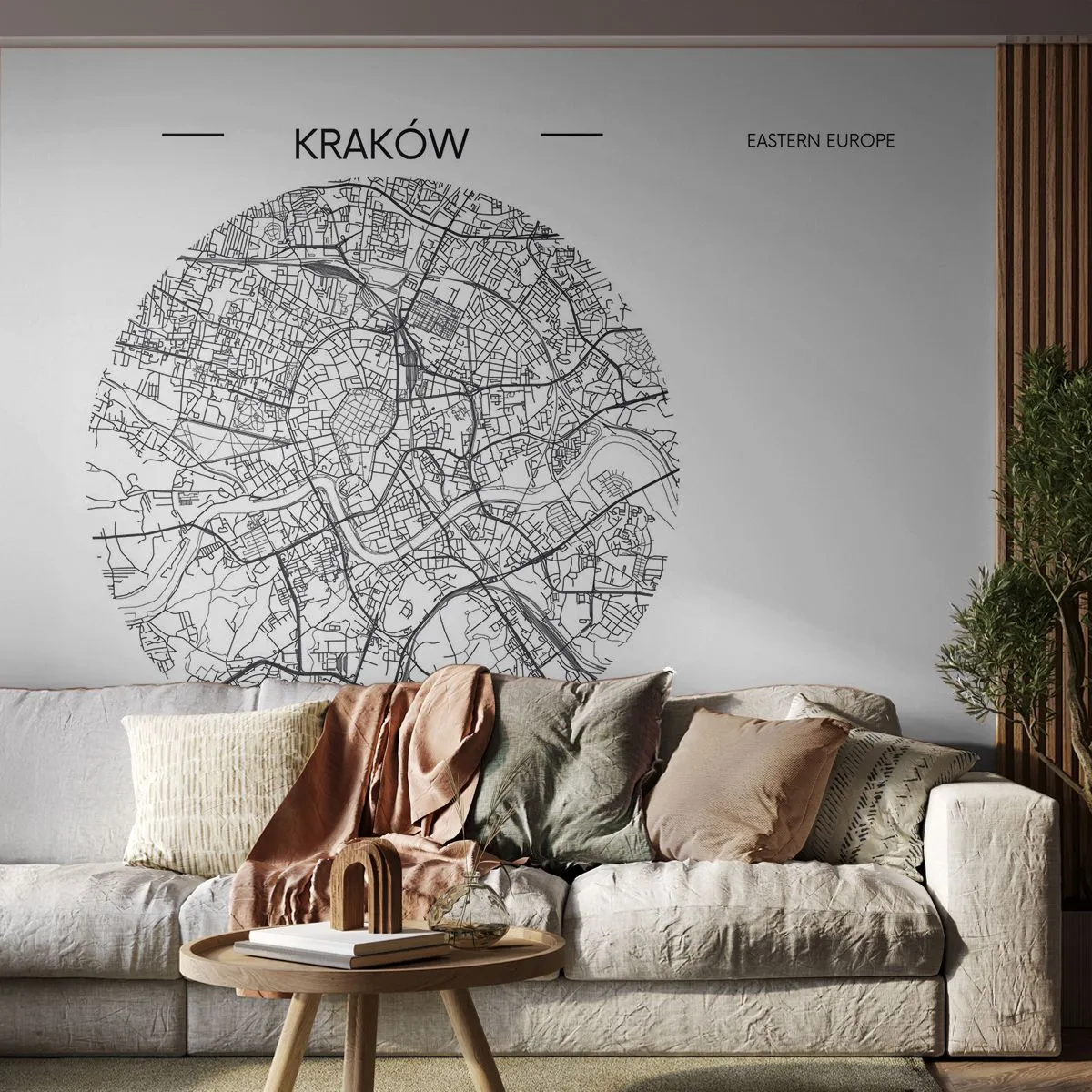 Fototapeta Premium Sand - Mapa Krakowa w okrągłej ramie na białym tle - 100x70cm - Anatomia Krakowa - Nowoczesna dekoracja ścienna do salonu, kuchni i sypialni ARTTOR
