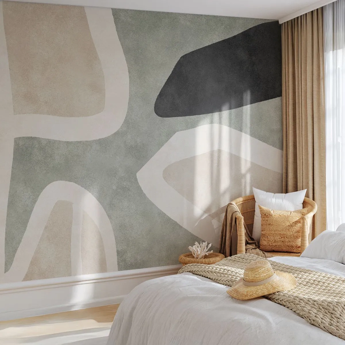 Fototapeta Premium Sand - Abstrakcyjna forma z beżem, zielenią i czernią - 100x70cm - Kompozycja z motywem czerni - Nowoczesna dekoracja ścienna do salonu, kuchni i sypialni ARTTOR