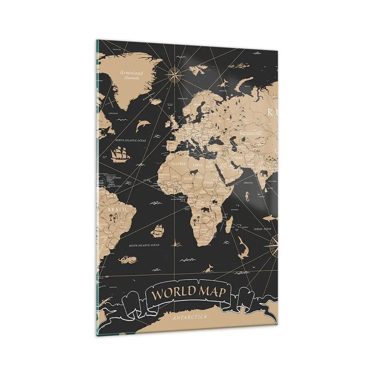 Obraz na szkle - Stylizowana mapa świata na czarnym tle z beżowymi akcentami - 80x120cm - Granice mojego świata - Nowoczesna dekoracja ścienna do salonu i sypialni ARTTOR