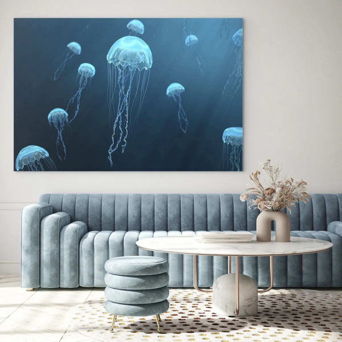 Obraz na szkle - Meduzy unoszące się w błękitnej głębi oceanu - 70x50cm - Oceaniczny taniec - Nowoczesna dekoracja ścienna do salonu i sypialni ARTTOR