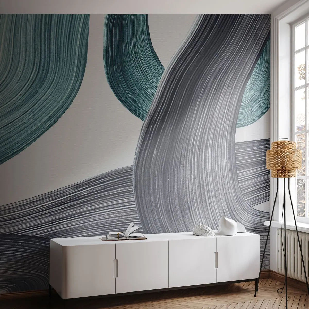 Fototapeta Premium Sand - Dynamiczne pociągnięcia pędzla w szmaragdzie i czerni - 100x70cm - Szmaragdowe i czarne szlaki - Nowoczesna dekoracja ścienna do salonu, kuchni i sypialni ARTTOR