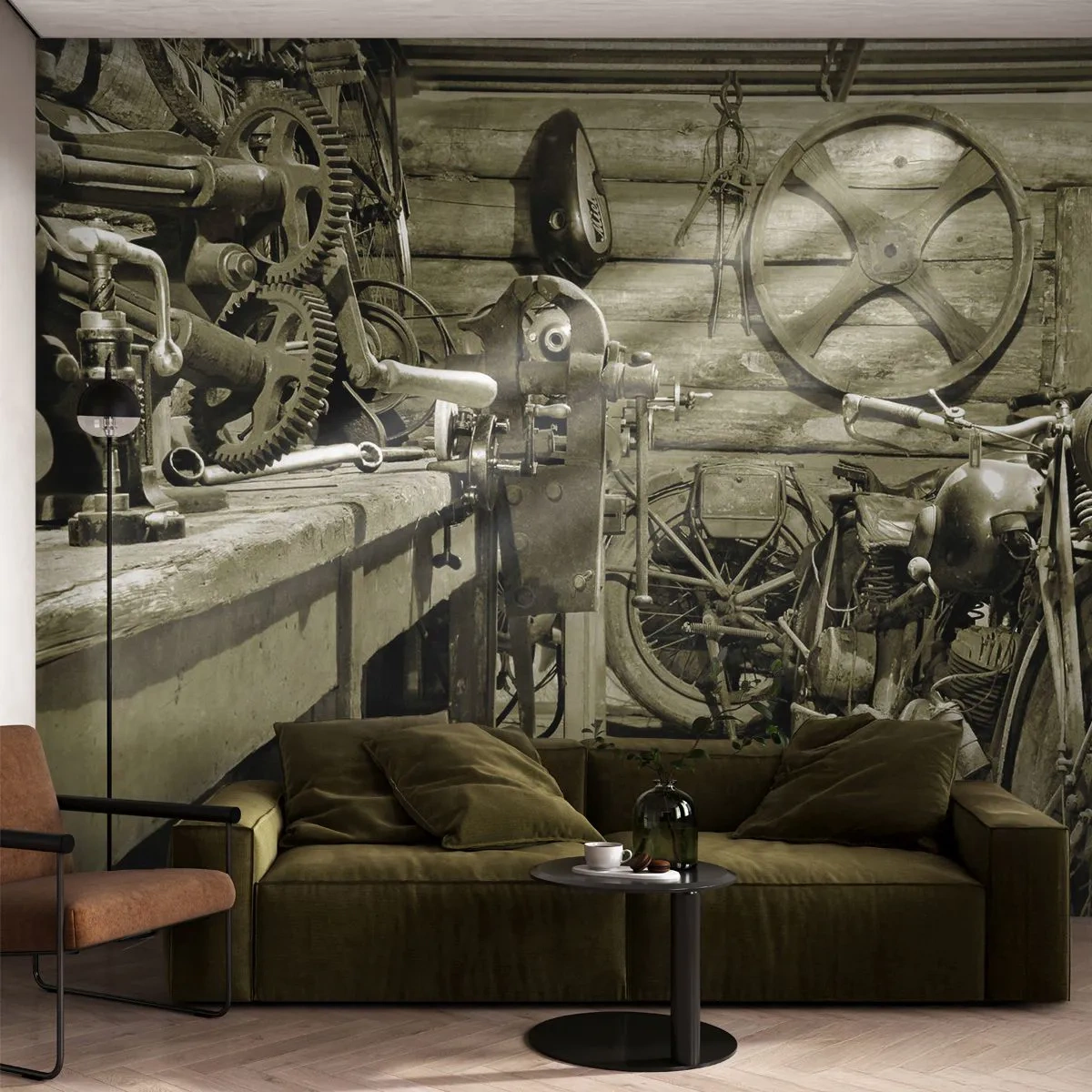 Fototapeta Premium Sand - Zabytkowy warsztat z motocyklami w stylu vintage - 100x70cm - W szopie wuja Władka - Nowoczesna dekoracja ścienna do salonu, kuchni i sypialni ARTTOR