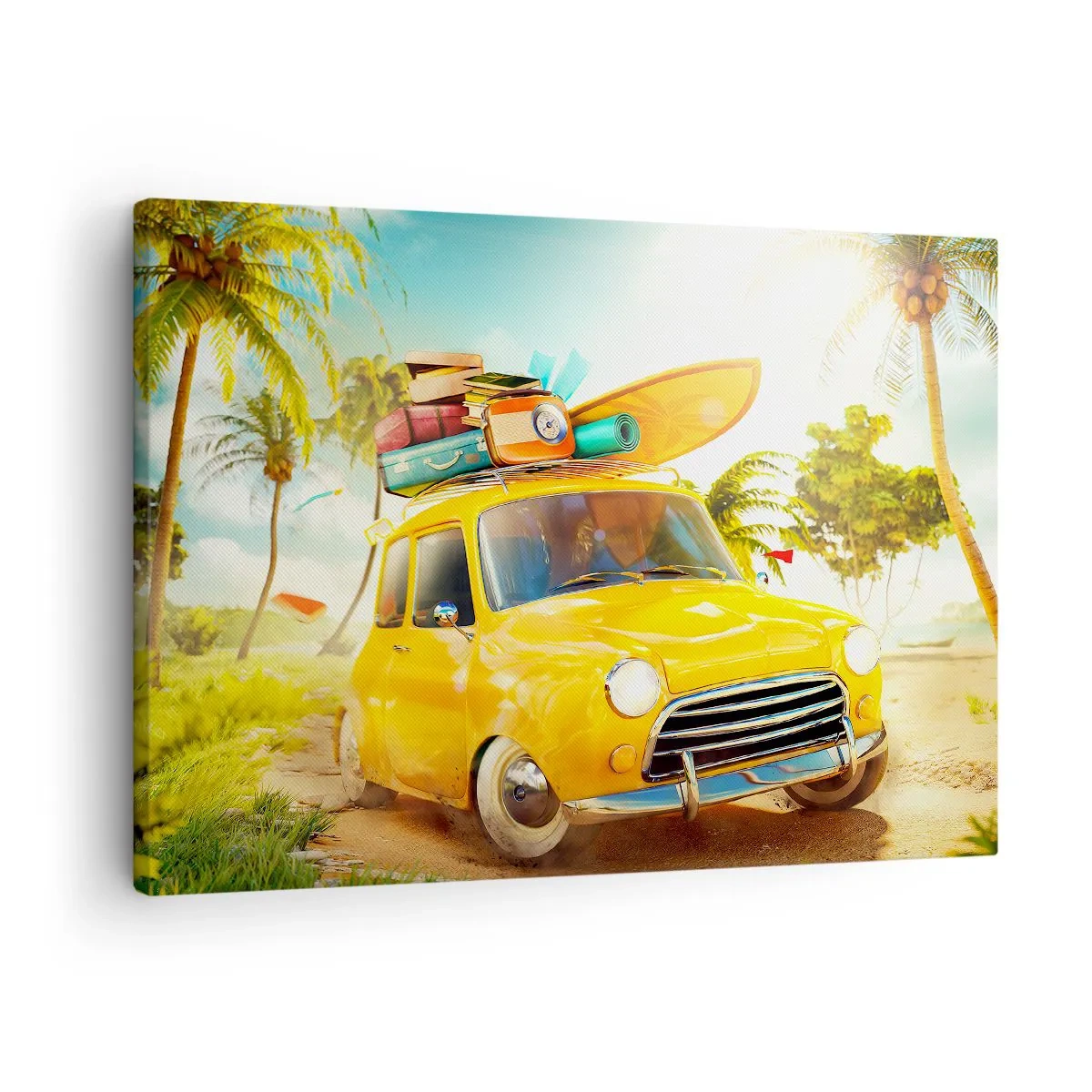 Obraz na płótnie - Żółty samochód z bagażami na tle tropikalnego krajobrazu - 70x50cm - Podróż po niejeden uśmiech - Nowoczesna dekoracja ścienna do salonu i sypialni ARTTOR