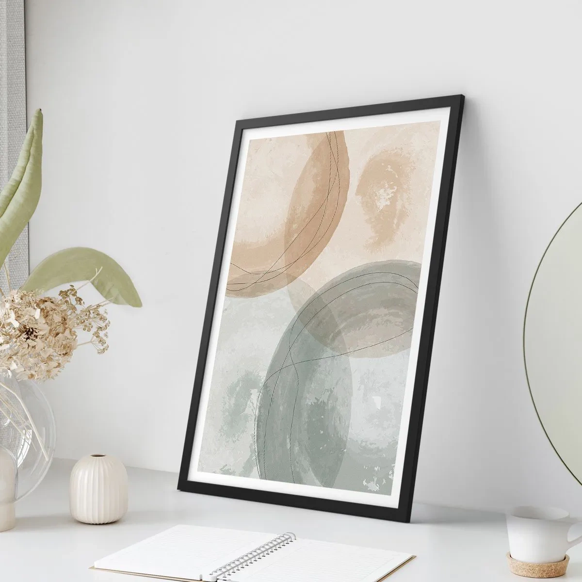 Plakat w czarnej ramie - Geometryczne kształty w pastelowych odcieniach ziemi - 50x70cm - Przenikanie światów - Nowoczesna dekoracja ścienna do salonu i sypialni ARTTOR