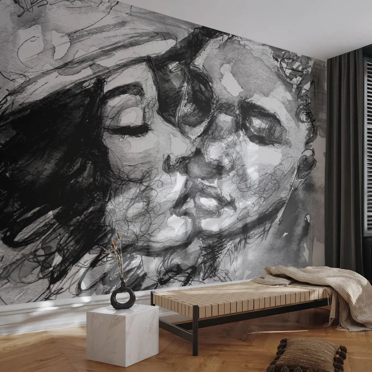 Fototapeta Premium Sand - Czarno-biały szkic dwóch całujących się twarzy - 100x70cm - Czuła chwila - Nowoczesna dekoracja ścienna do salonu, kuchni i sypialni ARTTOR