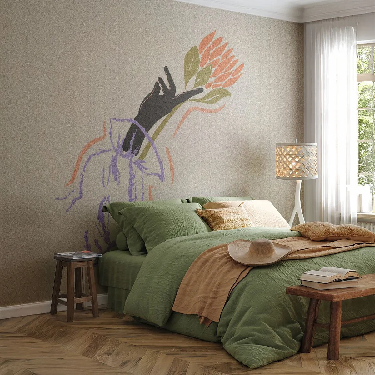 Fototapeta Premium Sand - Graficzny bukiet trzymany przez sylwetkę dłoni - 100x70cm - Siostrzany dotyk - Nowoczesna dekoracja ścienna do salonu, kuchni i sypialni ARTTOR