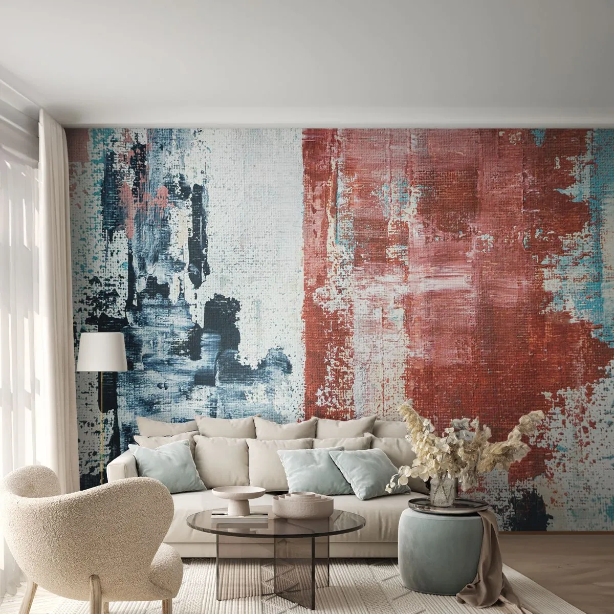 Fototapeta Premium Sand - Abstrakcyjna kompozycja z czerwienią i błękitem - 100x70cm - Abstrakcyjne pół na pół - Nowoczesna dekoracja ścienna do salonu, kuchni i sypialni ARTTOR