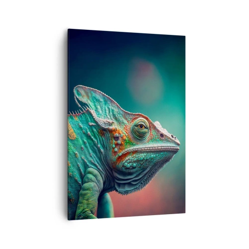 Obraz na płótnie - Zbliżenie na kameleona w intensywnych kolorach - 70x100cm - Widzisz mnie? Niedobrze… - Nowoczesna dekoracja ścienna do salonu i sypialni ARTTOR