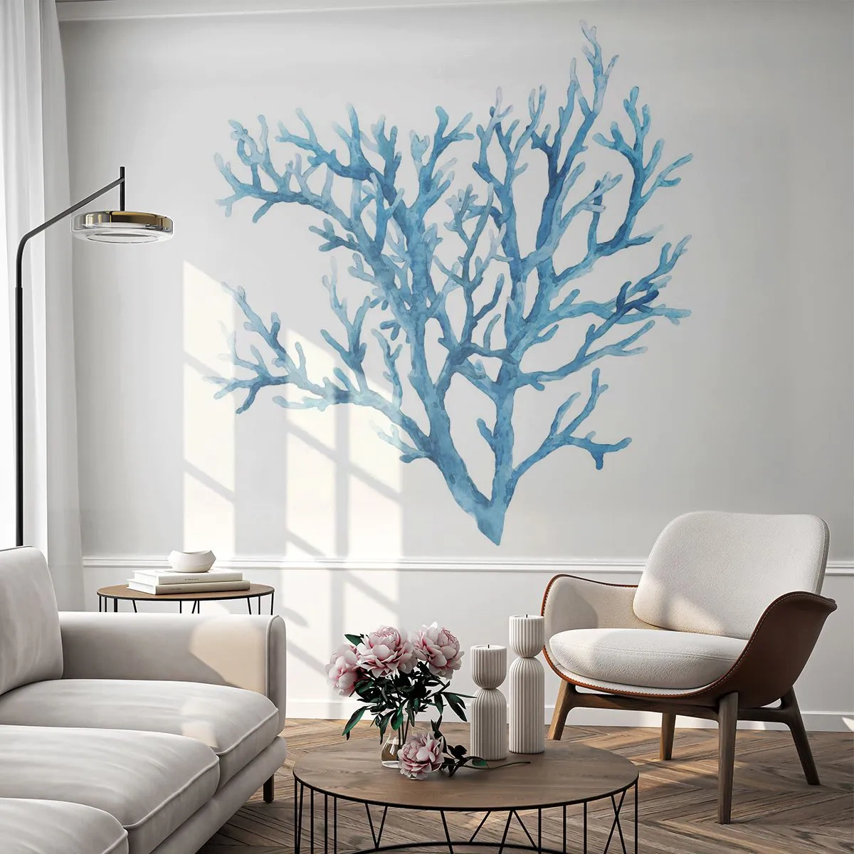 Fototapeta Premium Sand - Niebieski koral na białym tle w technice akwareli - 100x70cm - Morski filigran - Nowoczesna dekoracja ścienna do salonu, kuchni i sypialni ARTTOR