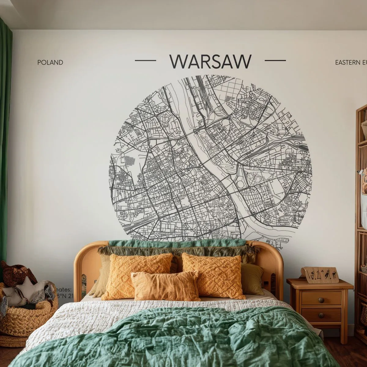 Fototapeta Premium Sand - Mapa Warszawy w okrągłej ramie na białym tle - 100x70cm - Anatomia Warszawy - Nowoczesna dekoracja ścienna do salonu, kuchni i sypialni ARTTOR