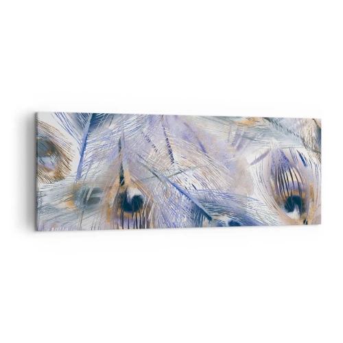 Obraz na płótnie - Wzór z piórami pawia w odcieniach błękitu i złota - 140x50cm - Pawiooka kompozycja - Nowoczesna dekoracja ścienna do salonu i sypialni ARTTOR