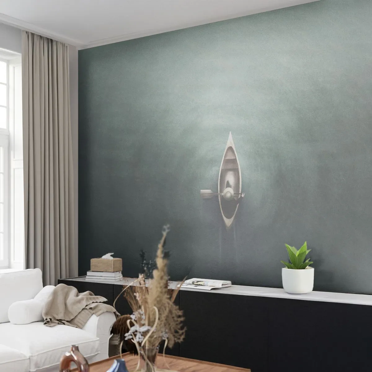 Fototapeta Premium Sand - Łódka z postacią na spokojnym jeziorze widziana z góry - 100x70cm - Przez księżycowe jezioro - Nowoczesna dekoracja ścienna do salonu, kuchni i sypialni ARTTOR